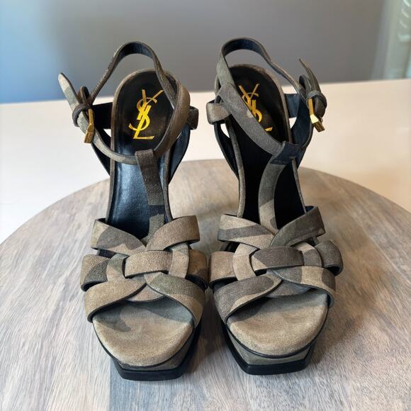 YSL Yves Saint Laurent Camouflage Green Suede Tribute Stiletto Heels Size 7.5 - Picture 4 of 14